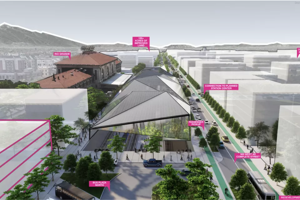 A conceptual rendering of a revamped train station in a historic corner of Salt Lake City.